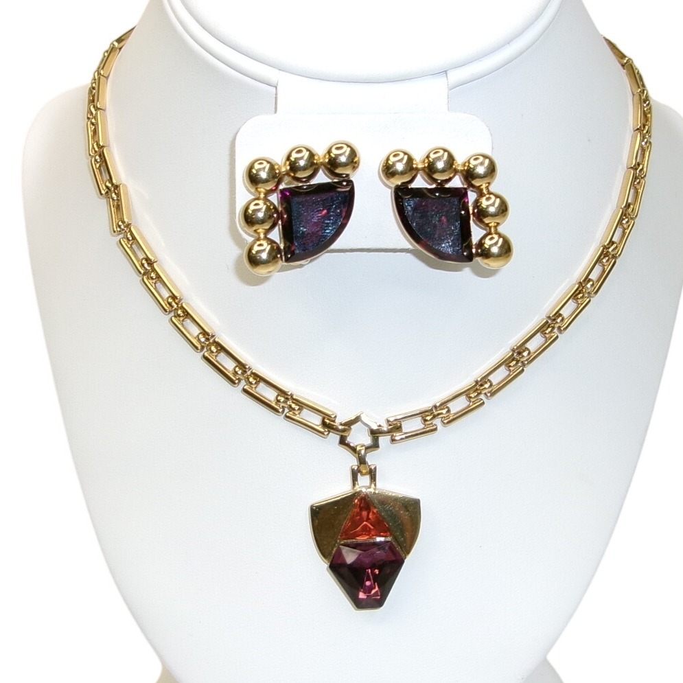 Vintage Pierre Cardin Gold Tone & Purple Modernist Necklace & Earrings